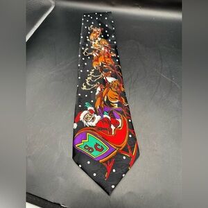 Vintage SURREY Necktie Tie Santa Reindeer Sleigh SC Black w White Polka Dots